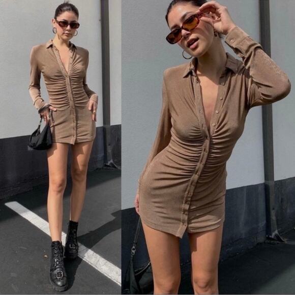 With Jean Andy Tan Latte Long Sleeve Button Up Down Shirt Dress Small - Picture 1 of 9